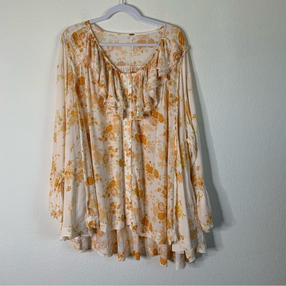 Free people Loretta tea combo Womens orange floral LS tunic M - Picture 1 of 10